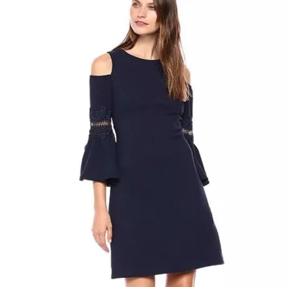 Eliza J Lace Appliqué Crepe Bell Sleeve Cold Shoulder Dress